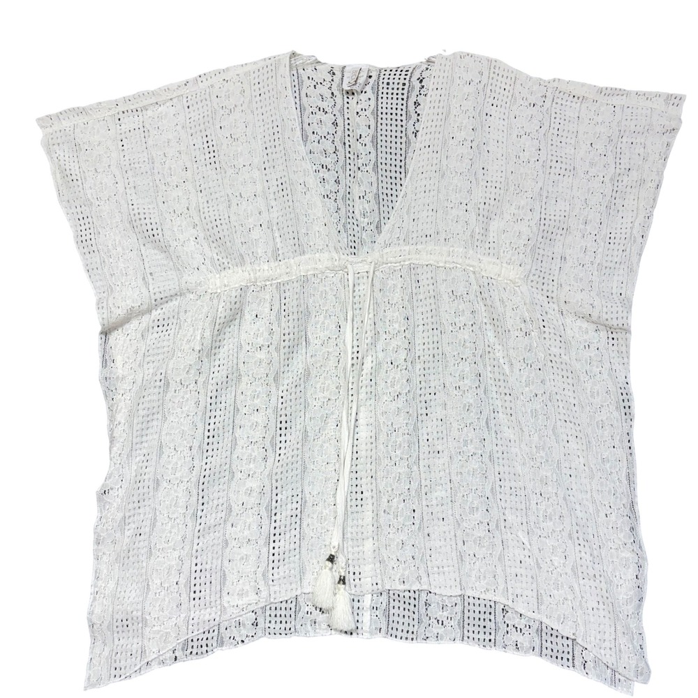 BECCA White Lace Crochet Swim Cover Up Poncho Tassel Tie M/L